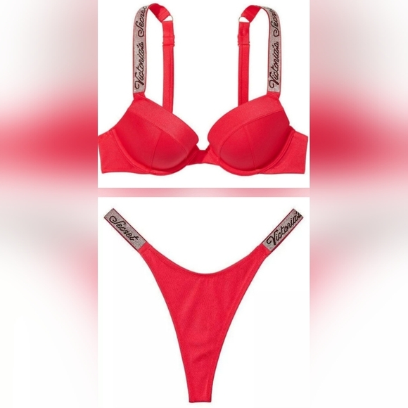 32D/S VS Swim Shine Strap Sexy Tee Bikini Top Thong Bikini Set - Picture 1 of 3